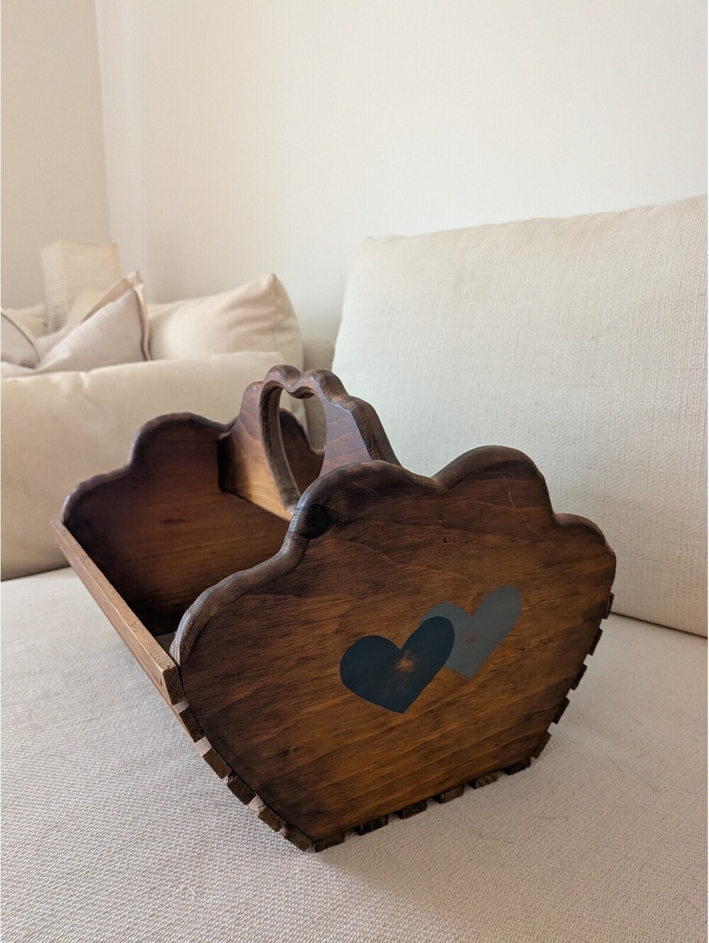 Vintage Wooden Heart Basket Handle Wood Slat Blue Hearts Cottage Core Coquette